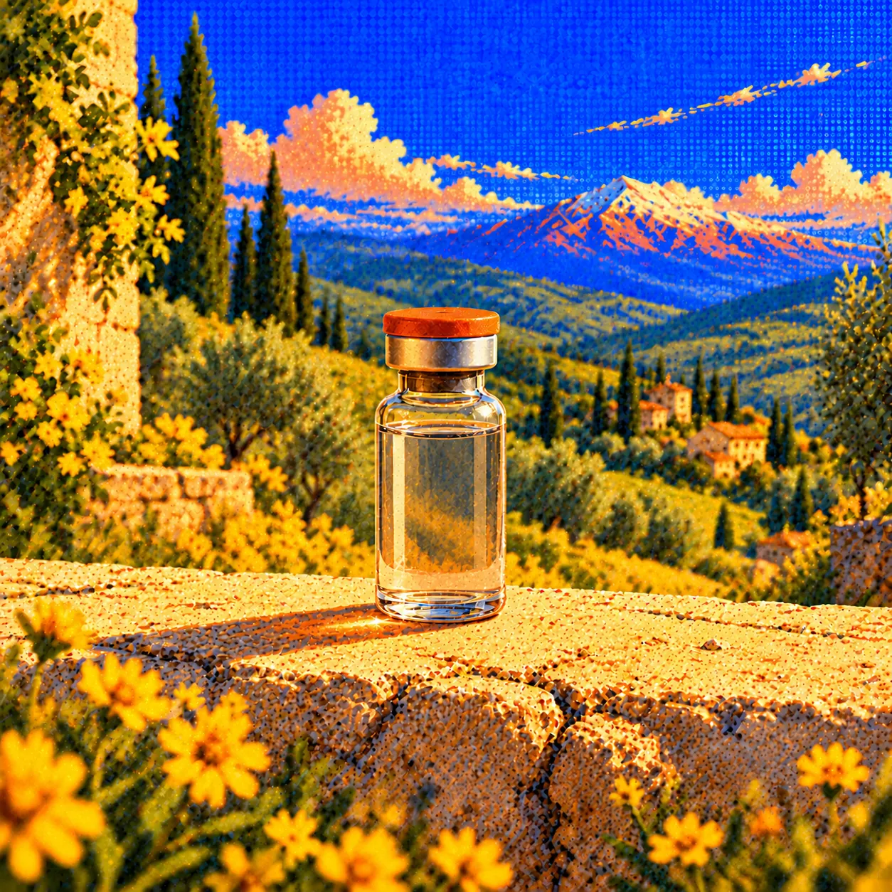 An illustrated plain glass vial with an orange cap on a sunlit stone ledge, with wildflowers and hills at golden hour.