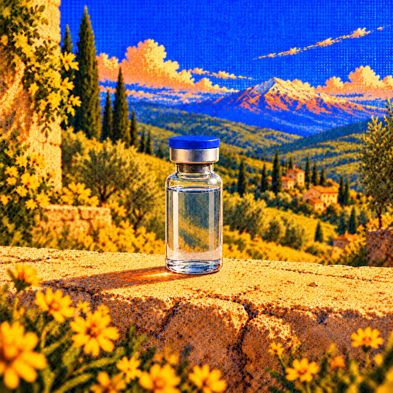 An illustrated plain glass vial with a blue cap on a sunlit stone ledge, with wildflowers and hills at golden hour.